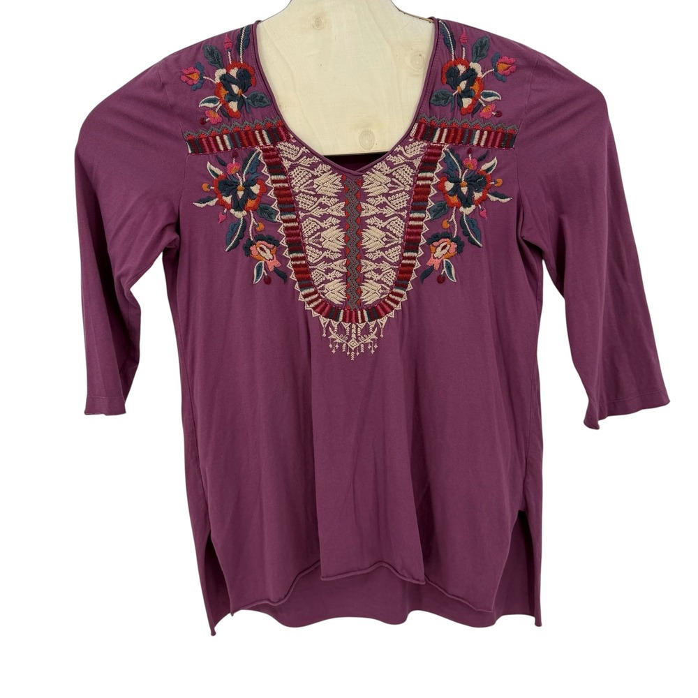 Johnny Was Top Women M Purple Cotton Embroidered V-Neck Boho Festival Folk